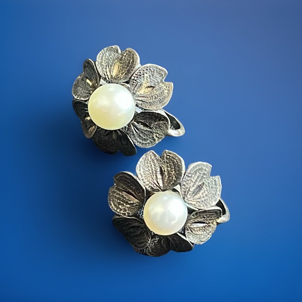 Vintage Cpo 950 Silver Pearl Flower Earrings Screw Back Signed Tested